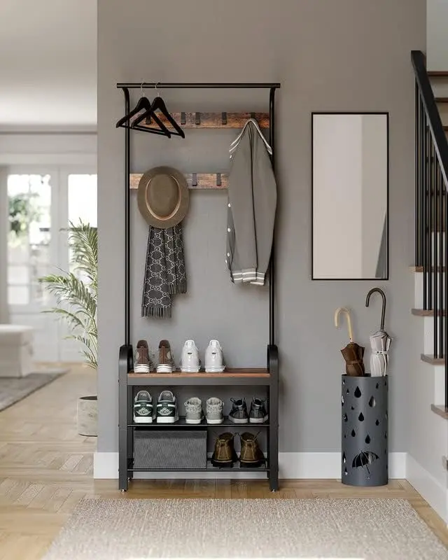 Entryway Bench with Coat Rack, Hall Tree Organizer with Shoe Storage, 9 Removable Hooks & Top Hanging Rod, Rustic Brown / Gray
