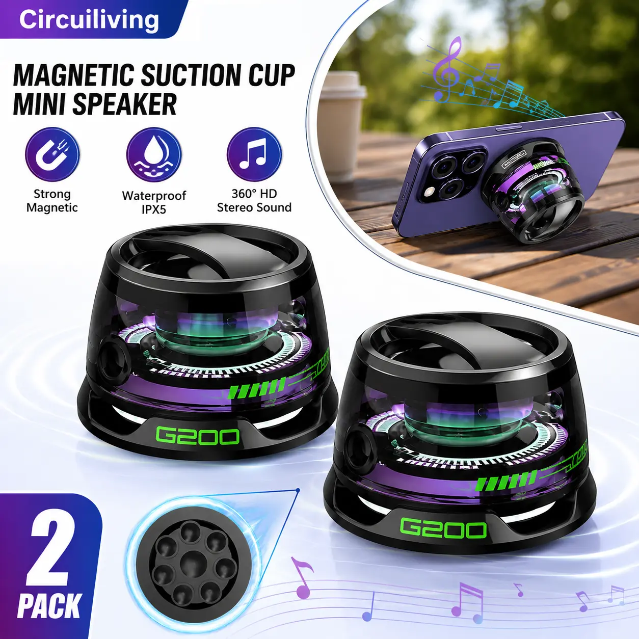 G200 RGB Magnetic Bluetooth Speaker, Portable Waterproof Wireless Speaker with Strong Bass, TWS Stereo Pairing, Phone Stand Design, 5H Playtime for iPhone Android Tablet