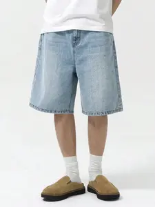 Men's Summer Loose Fit Denim Shorts with Pocket, Casual Streetwear Plain Blue Washed Jeans, Comfortable and Versatile, Perfect for Daily Wear