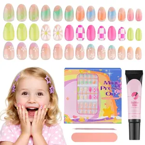 EBANKU Press on Nails for Kids, 156、78、72、24 Pieces Kid Fake Nail Kit Old Colorful Flower Press on Nails sets for girls 8-12 Years with Jelly Nail Adhesives & Nail Builder Glue World Cup