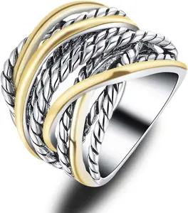 Wide Band Rings Twisted Rope Ring Two-Tone Mixed Metal Braided Statement Rings Fashion Jewelry for Women