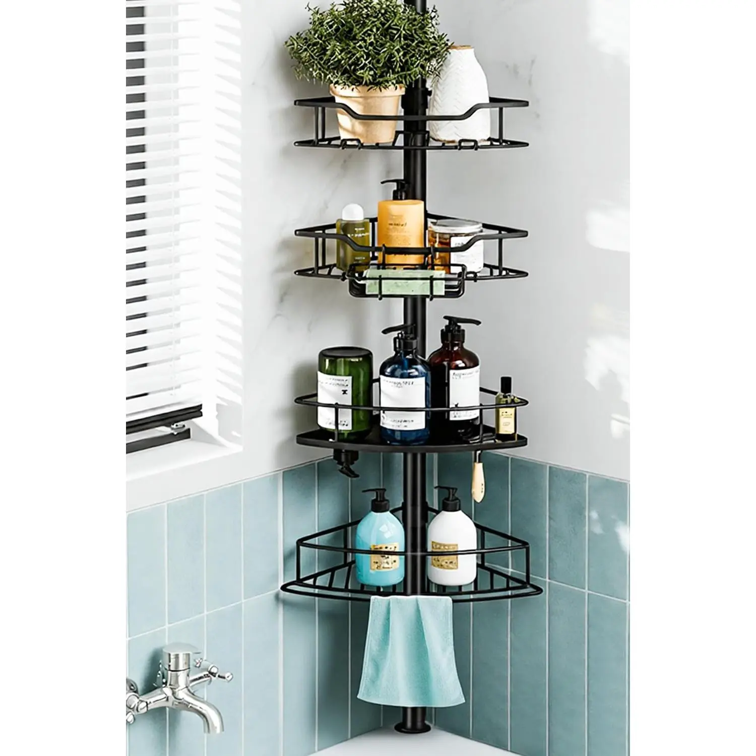 Corner Shower Caddy Tension Pole, 4 Tier Rustproof Shower Tension Rod Organizer, Adjustable 25-125 Inch Bathroom Shower Organizer Shelves for Bathtub Shampoo Storage