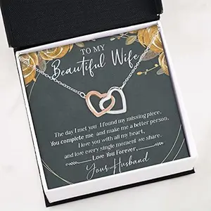 To My Beautiful Wife Necklace, Interlocking Hearts Necklace Message Card, Great gift for Birthday, Valentines Day, Anniversary, Christmas Occasion The day i met you i found my missing piece
