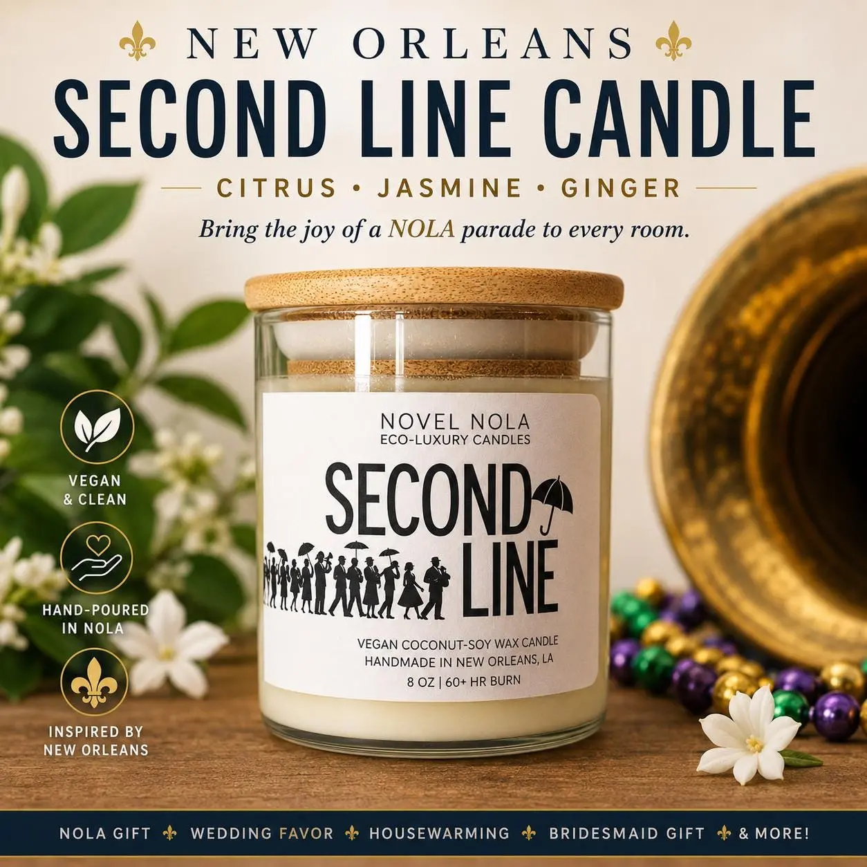 SECOND LINE — New Orleans Gift Candle | Citrus Jasmine Grapefruit Scented | NOLA Gift | Louisiana Wedding Favor | Mardi Gras Decor