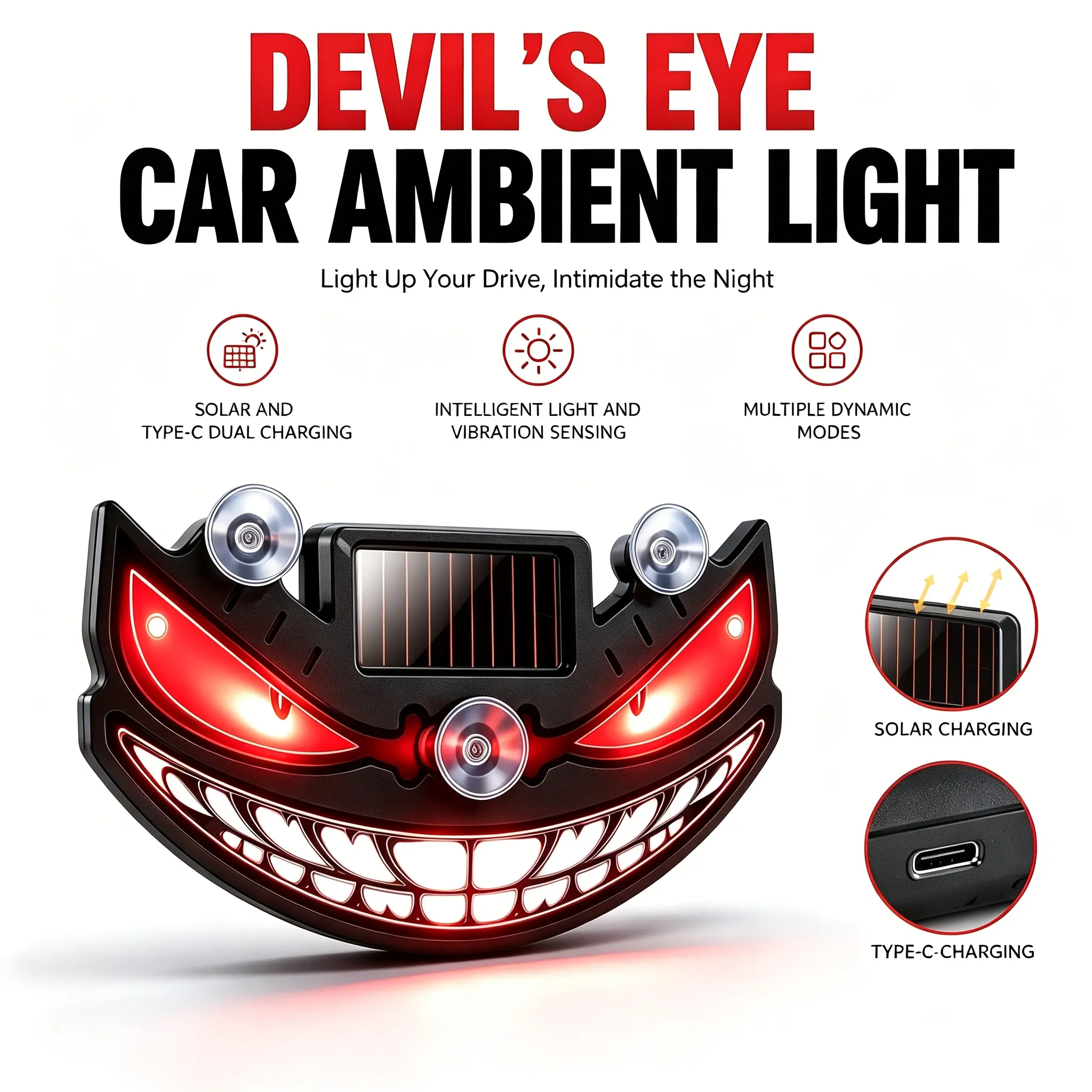 USB Solar Rechargeable Car Demon Eyes LED Light, Wireless Suction Cup Dynamic Atmospheric Lamp with Remote Control, Multi-Color Auto Rear Window Decor, Universal Accessory for Cars SUVs Trucks