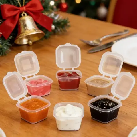 Mini Leak-Proof Sauce Cup with Hinged Lid, Stackable Square Condiment Container, Plastic Container with Lid, Ideal for Camping, Weddings, Birthdays, Home & Travel