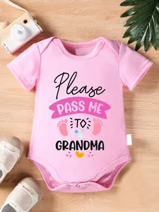 Baby Girls' "Please Pass Me to Grandma" Short Sleeve Bodysuit, Cute Footprint & Heart Newborn Romper