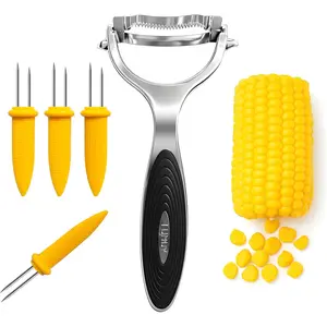 Corn Peeler Tool Set, Stainless Steel Corn Kernel Remover with Serrated ,  Non-Slip Handle, Includes Corn Holders for Easy Corn