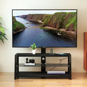 Black Universal TV Stand with Mount - Height Adjustable, Swivel Base, Tempered Glass & Wood Storage Cabinet w/ 4 Outlets