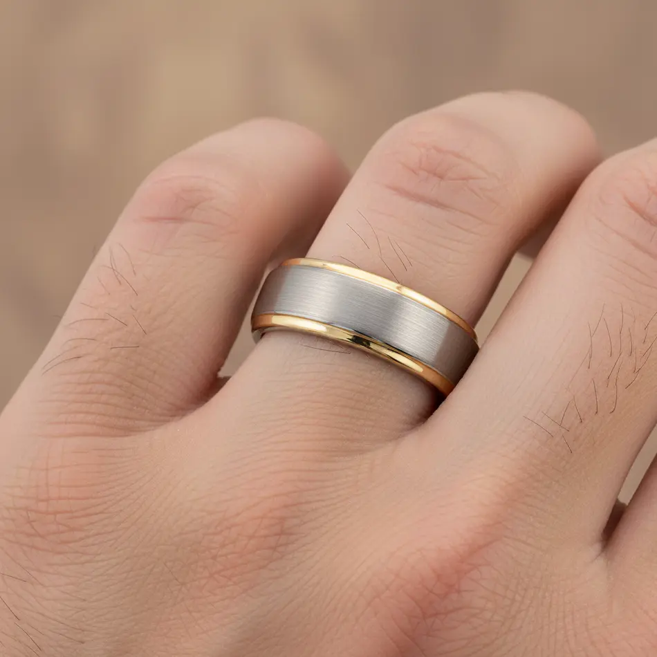 Men's And Women's Tungsten Wedding Band Engagement Ring 6mm Brushed Silver Tone & Gold Edges Ring Woman's Wedding Band Men's Engagement Ring