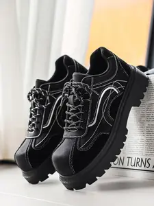 2026 Men's Outdoor Retro Work Casual Shoes, Full Black Stitched Line Design, Thick Lace Thick Sole Non Slip Sneakers, Trendy Street Style Versatile Daily Footwear, Size 39-44