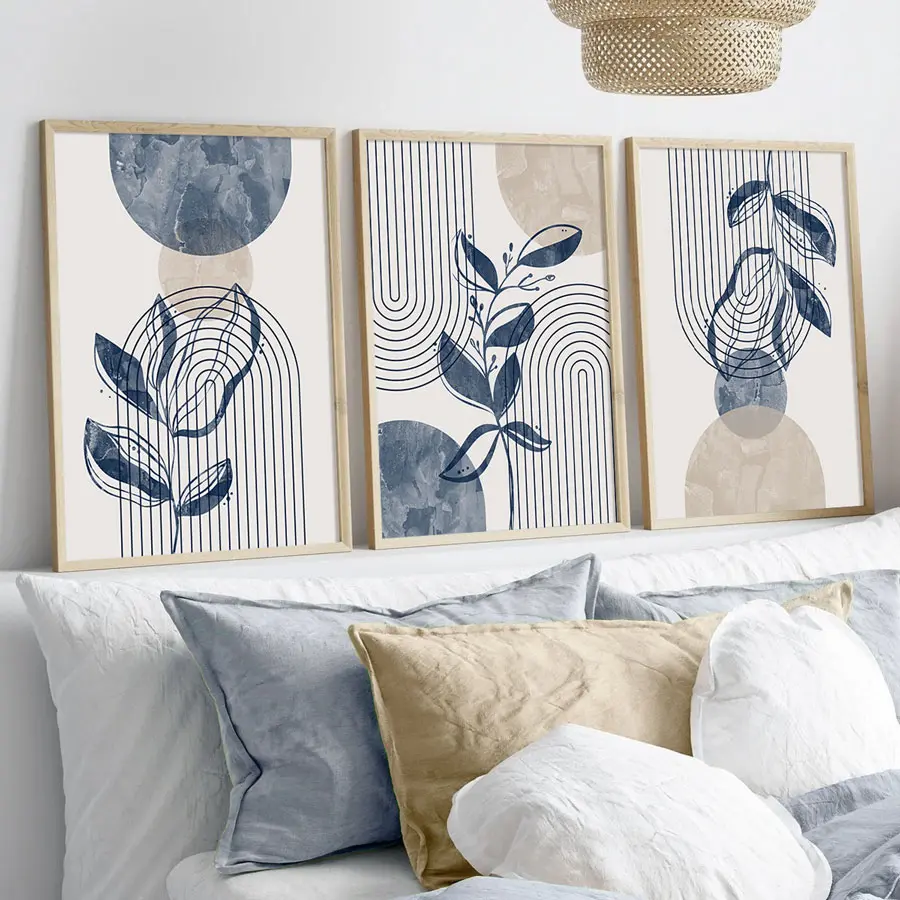 3pcs/set, Boho Abstract Geometric Line Art Prints, Navy Blue And Beige Botanical Wall Art Prints, Bohemian Canvas Posters, Aesthetic Wall Decor, Ideal Gifts For Bedrooms, Living Rooms, Wall Decorations, Home Decoration, Unframed