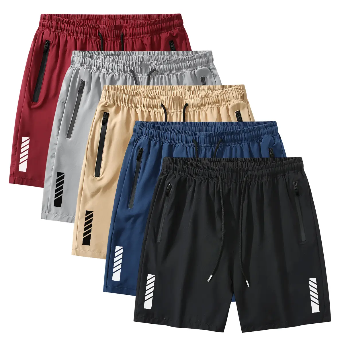 Men's 5-Pack Neutral-Colored Medium-Length Elastic Menswear Shorts Set - Adjustable Drawstring Waist, Zip Pockets, Printed Style, Regular Fit, Simple Stylish, Casual Versatile for Daily Wear & Commuting
