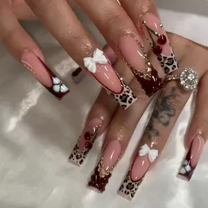 French Style Leopard Print Cherry Press-On Nails, Detachable Glossy False Nails for Girls, Party Wear, Nail Art Design, Includes Jelly Glue and File Set