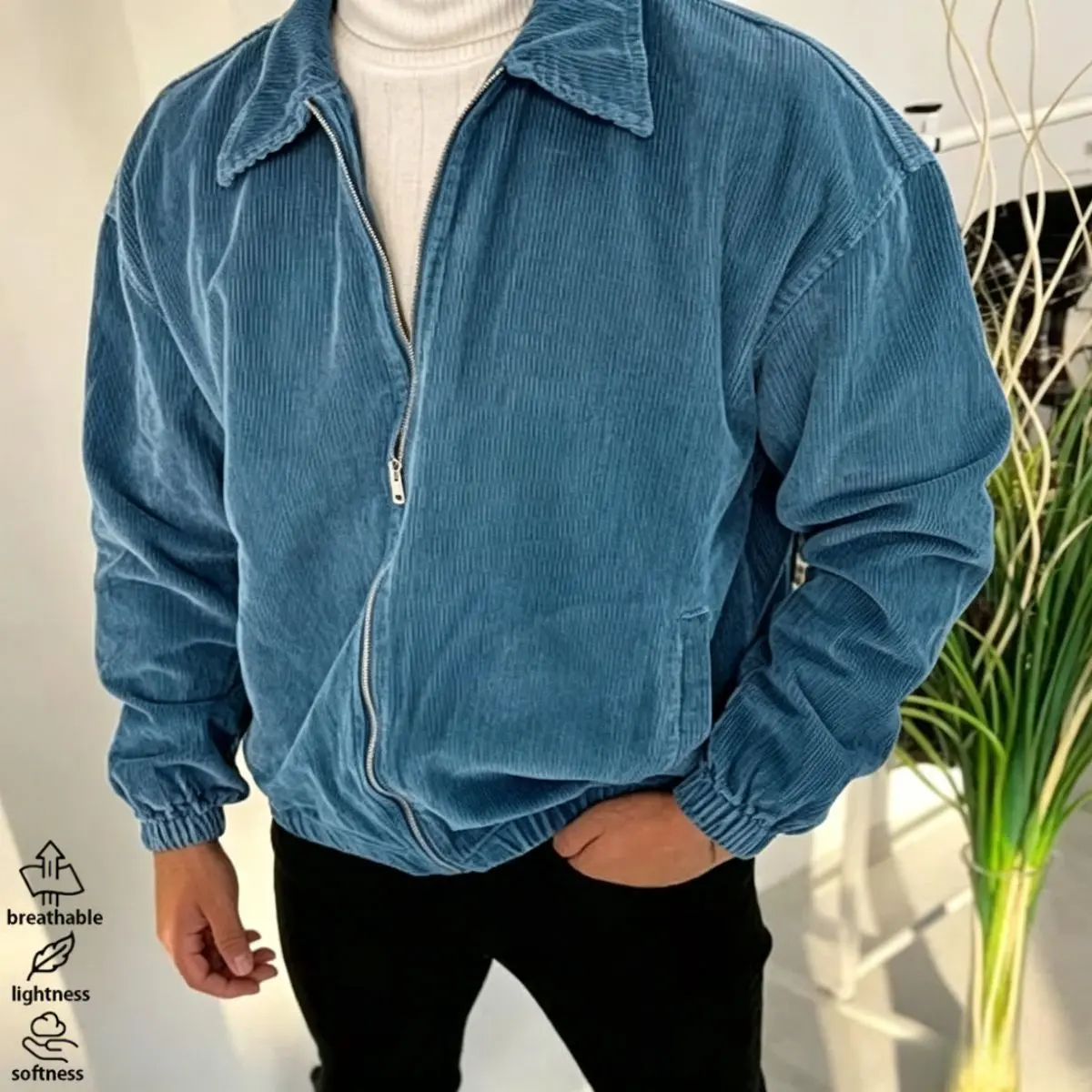 Plus Size Vintage Corduroy Jacket with Lapel and Zipper, Solid Color Minimalist Casual Men’s Commuter Jacket