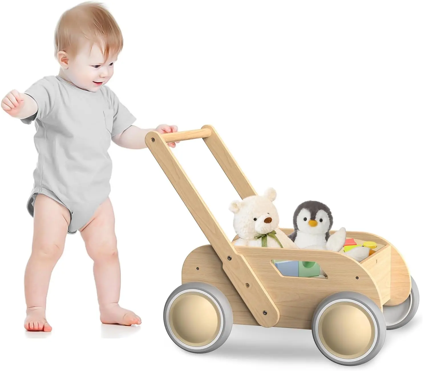 [Summervibes]Wooden Baby Walker, Push and Pull Learning Walking Toys for Babies Infants to Toddler, Walker with Wheels for Boys Girls, Gift for Birthday Christmas, Natural