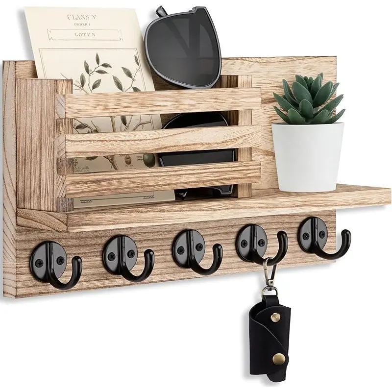 Burnt Wooden Wall-Mounted Key and Mail Organizer - Entryway Mail Sorter with 5 Key Hooks, Decorative Display Shelf, Home Decor Wall Storage for Letters, Sunglasses, Small Items