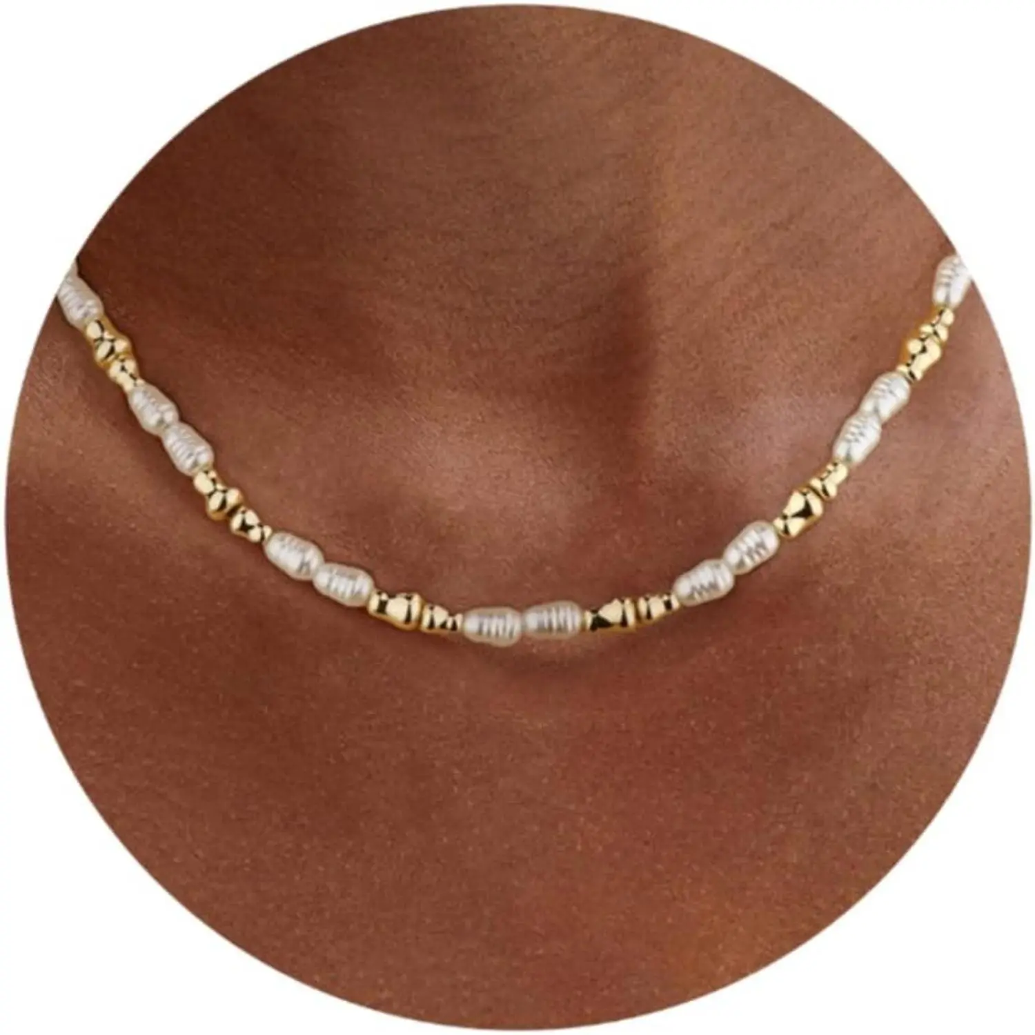 CASSIECA Adjustable Pearl Necklace for Women - 40cm Alloy Chain, 4x6mm Irregular Freshwater White Pearl Choker, Unisex Costume Jewelry Gift for Weddings, Proms SummerVibes, Bead Necklaces, Dainty Necklaces