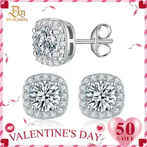 Delzzad 18K Gold-Plated Halo Square Lab-Created Moissanite Stud Earring S925 Sterling Silver Moissanite Jewelry Perfect Birthday Mother’s Day Unisex Christmas Gift for Men Women Wedding Set