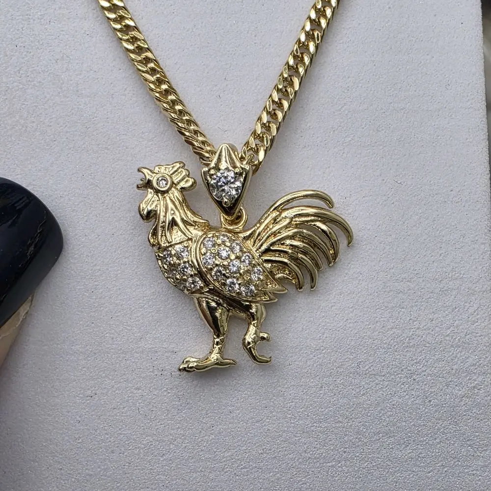 # 0409 14k Gold Plated High-Quality Cuban Link Chain with Diamond-Accented Rooster Pendant, Daily Wear, Ideal Gift