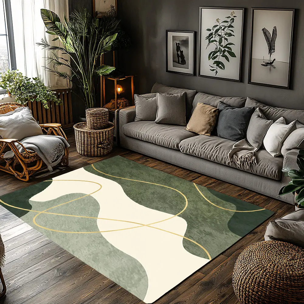 Sage Green Beige Gold Wavy Abstract Crystal Velvet Area Rug Non‑Slip Minimalist Modern Living Room Rug Home Decorative Rug Abstract Area Rugs#SageGreenAbstractRug #MinimalistWaveRug #GoldLineModernDecor #BohoNeutralCarpet #CrystalVelvetRug