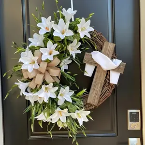 1PC 17.7 Inch Country Cottage Easter Wreath with Cross Burlap Bow White Lilies Handmade Spring Door Decoration for Family Celebrations Front Door Religious Holiday Decor Decorative Flower Wreath