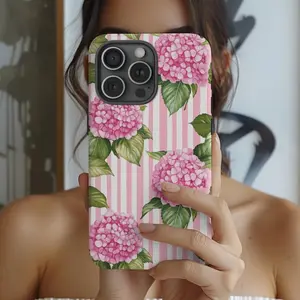 Preppy Pink Striped Hydrangea Smartphone Case, Floral Cellphone Accessory Shell, Handheld Phone Cover for iPhone 11 12 13 14 15 16 17 Pro Max Air Plus (Summer-Spring Gift Option)