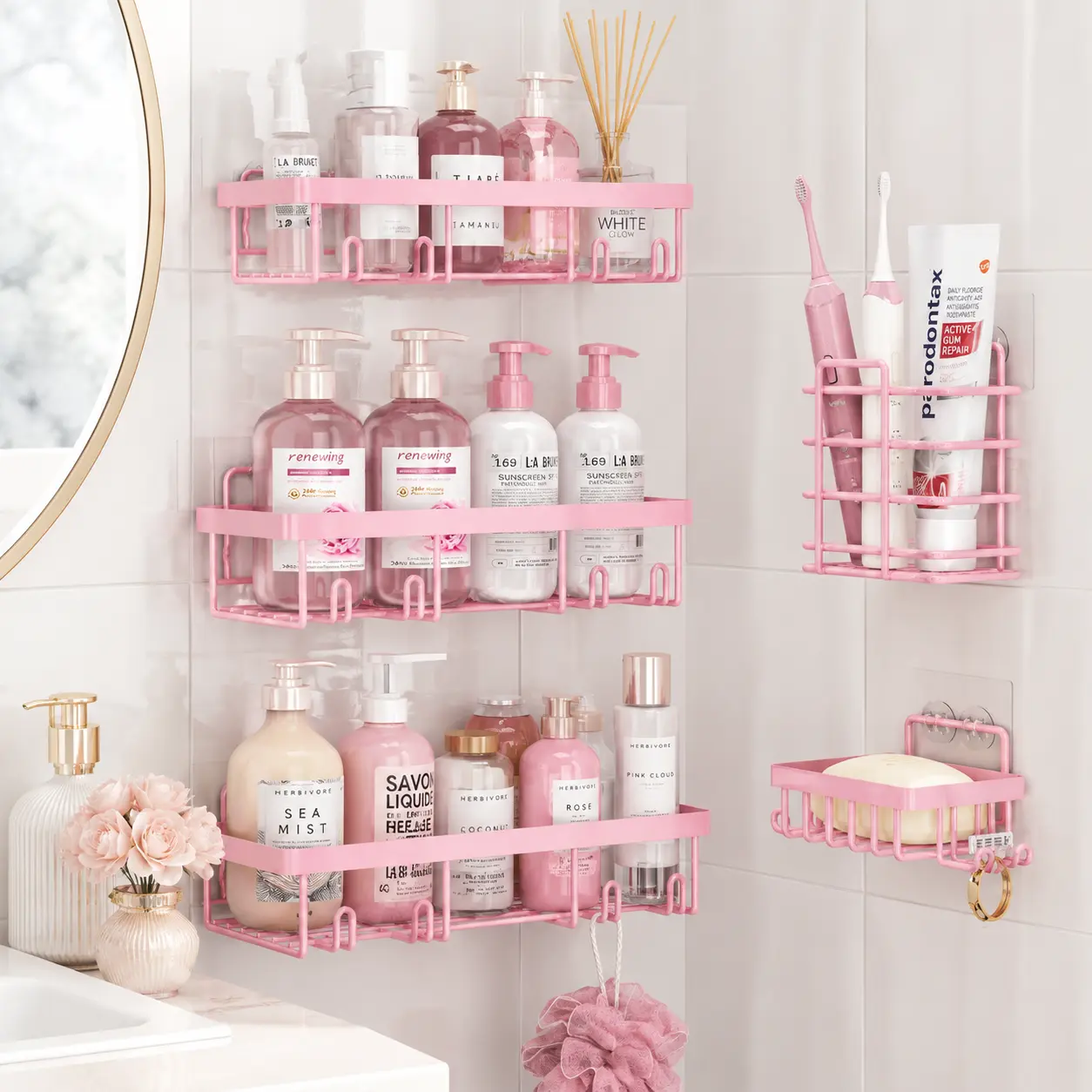 [DealsForYouDays] 5-Pack Minimalist Pink Stainless Steel Metal Shower Caddy Set, Rustproof Waterproof Adhesive No-Drill Wall-Mounted Bathroom Organizer with Toothbrush Holder, Soap Dish for Bathroom, Apartment