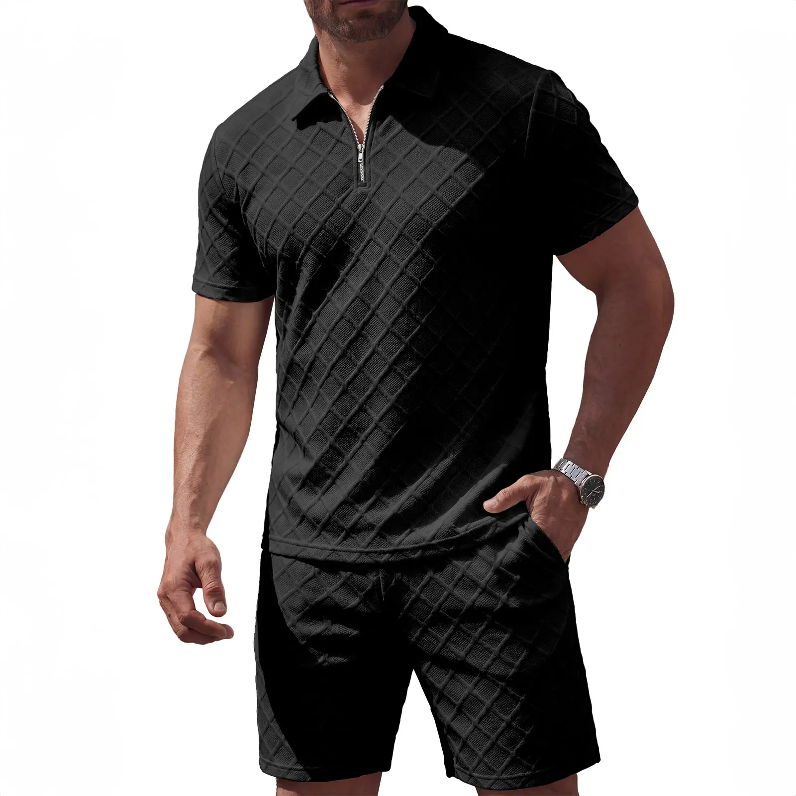 JMIERR Mens 2 Piece Jacquard Outfits Ultra Soft Comfy 1/4 Zip Golf Polo Shirt Shorts Set Tracksuits for Beach