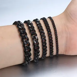 Hermah 3/5/7/9/11MM Black Stainless Steel Curb Cuban Link Chain Bracelet for Male Men Women Jewelry 7/8/9/10 inches Christmas Gift