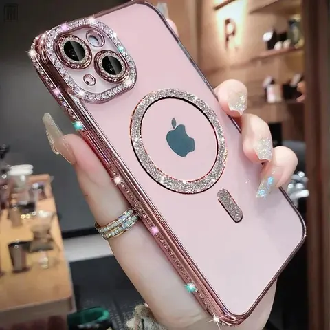 Luxury Bling Crystal Lens Film Smartphone Case - MagSafe Magnetic Wireless Charging, Transparent Protector for iPhone 11,12,13,14,15 Pro Max,Plus, Compatible with Cellphone Handheld Devices