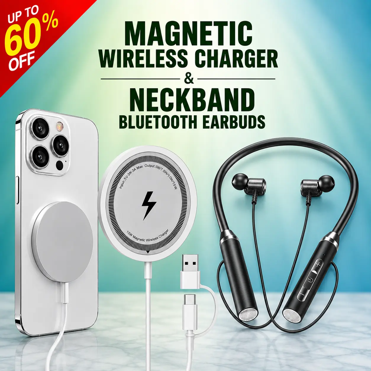 2-in-1 Magnetic Wireless Charger-Bluetooth Neckband Earbuds Set, Fast Charging Pad, Wireless Sport In-Ear Headphones