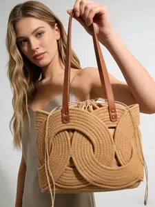 1pc Woven Straw Tote Bag | Geometric Pattern Design | Drawstring Closure Beach Bag | Ideal for Summer Vacation, Beach & Daily Use Bohemian Straw Bag