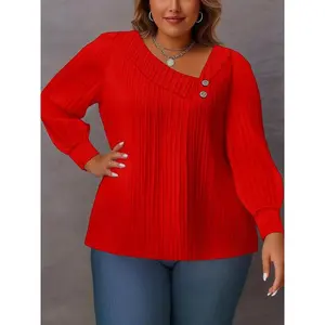 Plus-size solid-color V-neck cover-up, casual long-sleeve button-front cardigan/jumper, suitable for everyday outdoor wear, spring and autumn women’s clothing, top