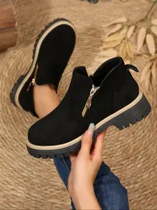 Women's Ankle Boots, Classic Plain Suede Material, Platform Wedge Design, Side Zipper, Thick Sole, Rubber, Fashion Casual Shoes, Fall Winter Warm Booties