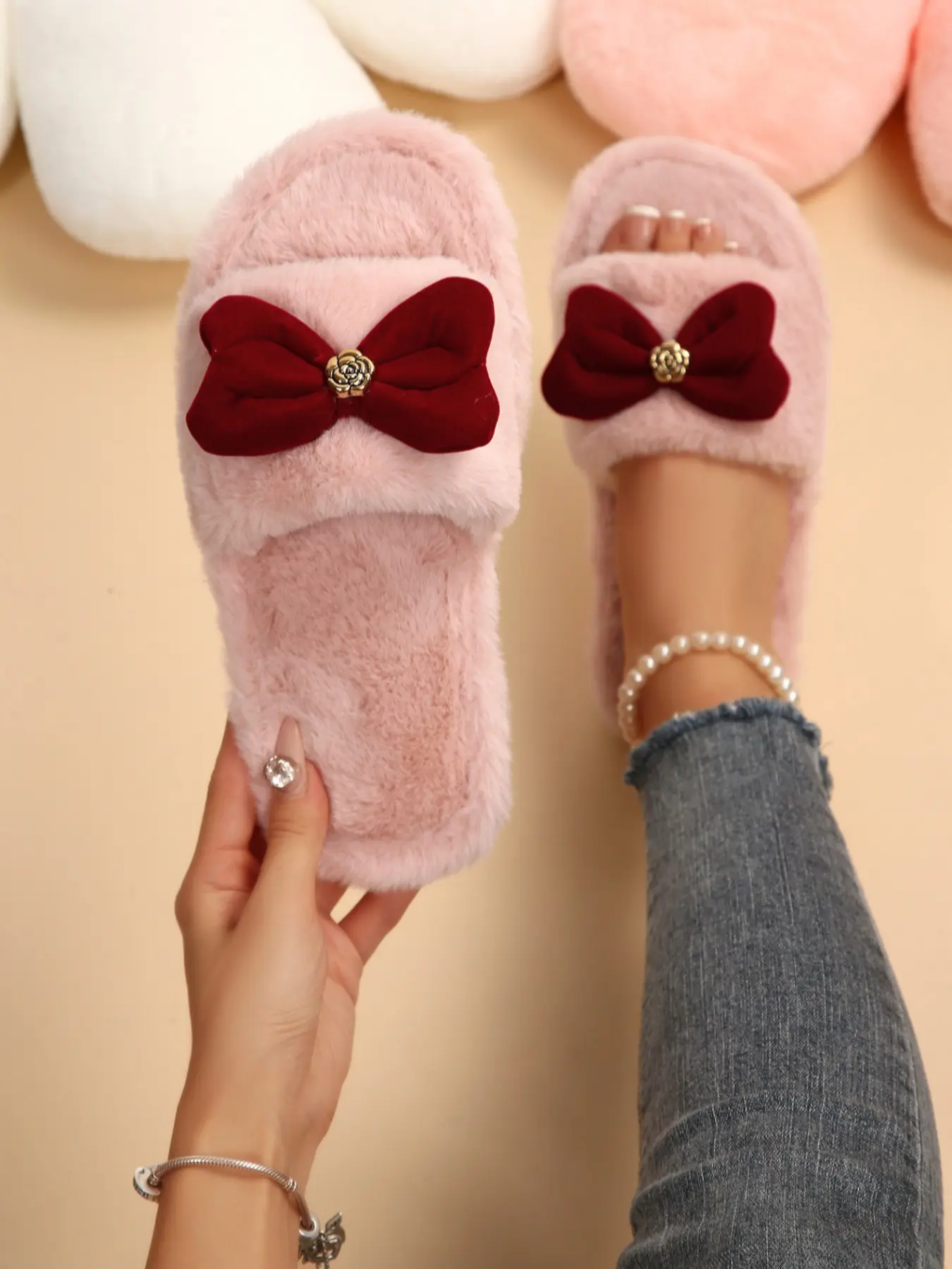 Women's Fleece Lined Slide Slippers with Bow Decoration, Comfortable Thick Indoor Shoes, Casual Style for Fashion Women, Warm Slippers, Home Shoes, Bedroom Slippers, House Slippers, Footwear