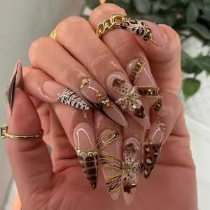 Luxury Brown Press On Nails | 3D Leopard Zebra Print Nail Art | Gold Chain Animal Nails | Wild Chic Long Press Ons