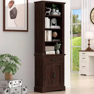 AHB 72" Tall Farmhouse Bookshelf with 4 Tiers, Doors, Drawer, Storage Cabinet and Adjustable Shelves, Floor Standing Display Shelf for Home Office, 72" Tall Shelf summergarden