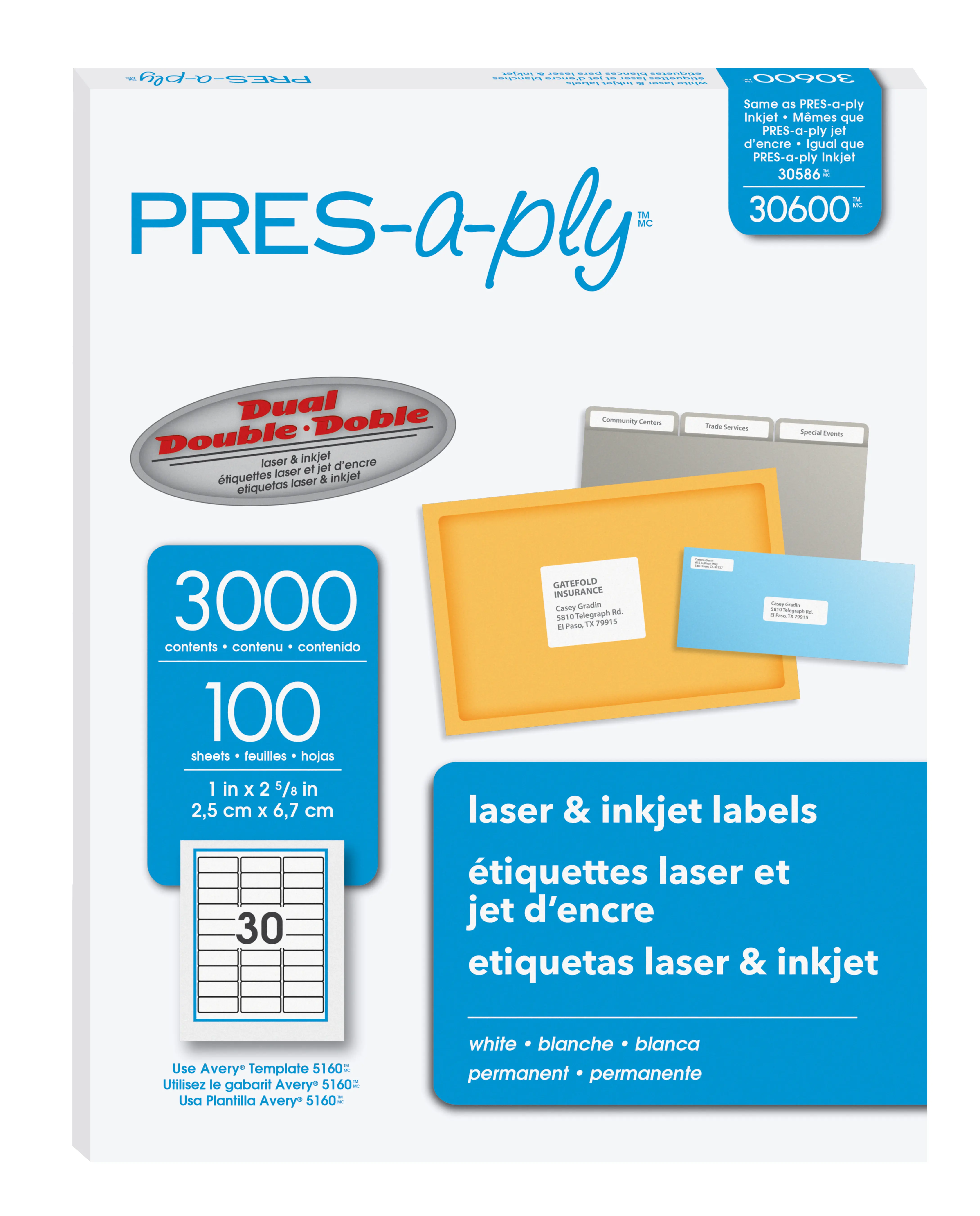 PRES-a-ply White Label Stickers, 1" x 2-5/8" Permanent Self Adhesive Stickers, 30-Up Sheet, 3000 Labels for Laser & Inkjet Printers, Office Stationery Supplies