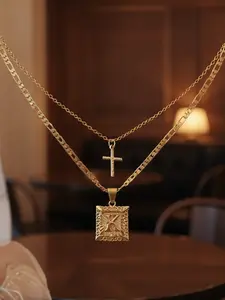 2-piece Set 18K Gold-plated Double-layer Letter Square Cross Melon Seed Buckle Pendant Figaro Chain Necklace Stacking Combo Set / Stainless Steel / Colorfast / Hypoallergenic / Couple / Festival / Party / Ideal Gift