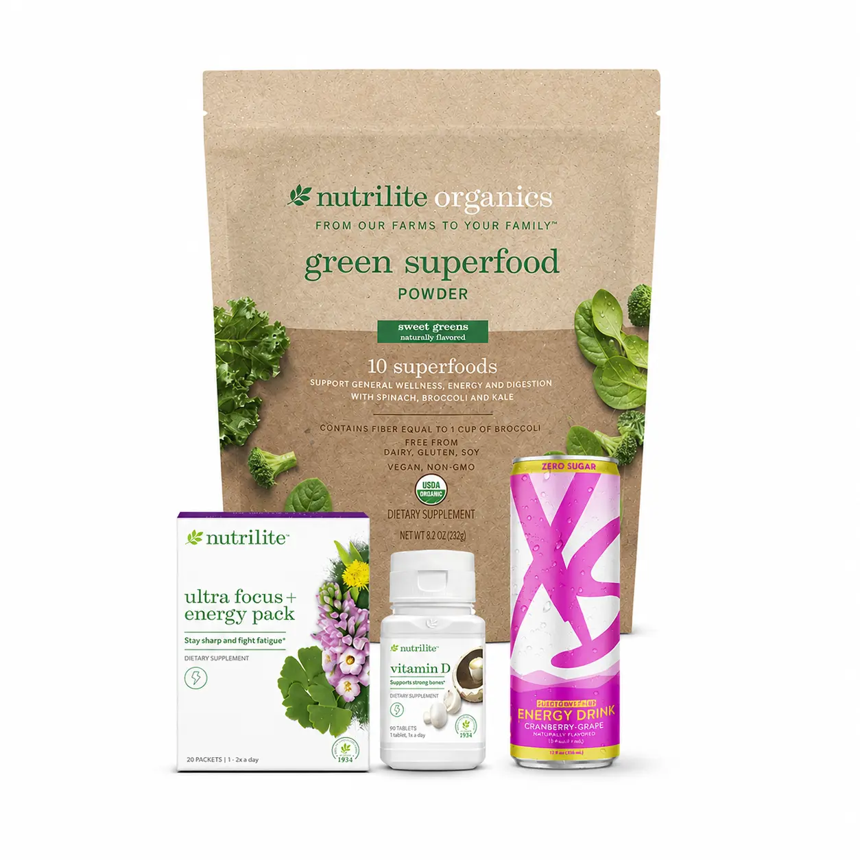 Amway Nutrilite Energy Solution Bundle | Green Superfood Powder Ultra Focus Energy Pack Vitamin D XS Daily Wellness Essential Nutrients Cellular Nutrition Daily Nutrition Dietary Supplement Nutritional Wellness