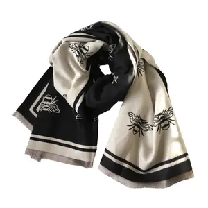 Fashion Culture Soft Knit Oblong Scarf - Reversible Clothing, Cold Weather Shawl Wrap, Scattered Bee Print, Dark Brown/Camel Fashion Accessory