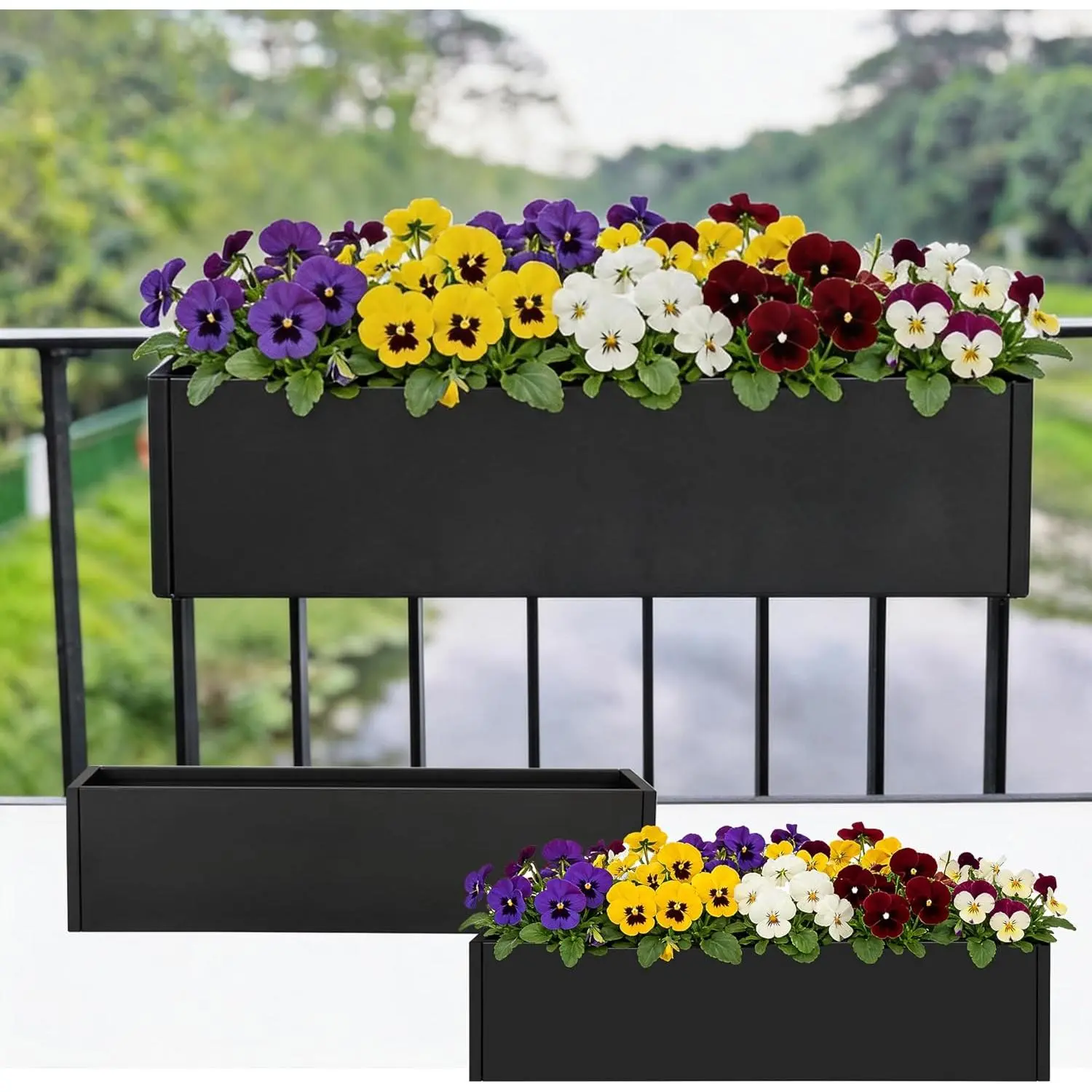 2-Pack 36" Railing Planters for Balcony – Large Black Metal Window Flower Box for Deck & Fence – Rectangle Planter with Drainage Holes for Home Garden Décor