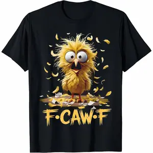 Cartoon Humor T-Shirt F caw F, Unisex Funny Surprised Yellow Bird with Flying Feathers Graphic Tee, Halloween Ghost Pumpkin Graphic T-shirt, Slightly Cropped Shirt Men, F·CAW·F Chicken-Inspired T-Shirt Casual Print