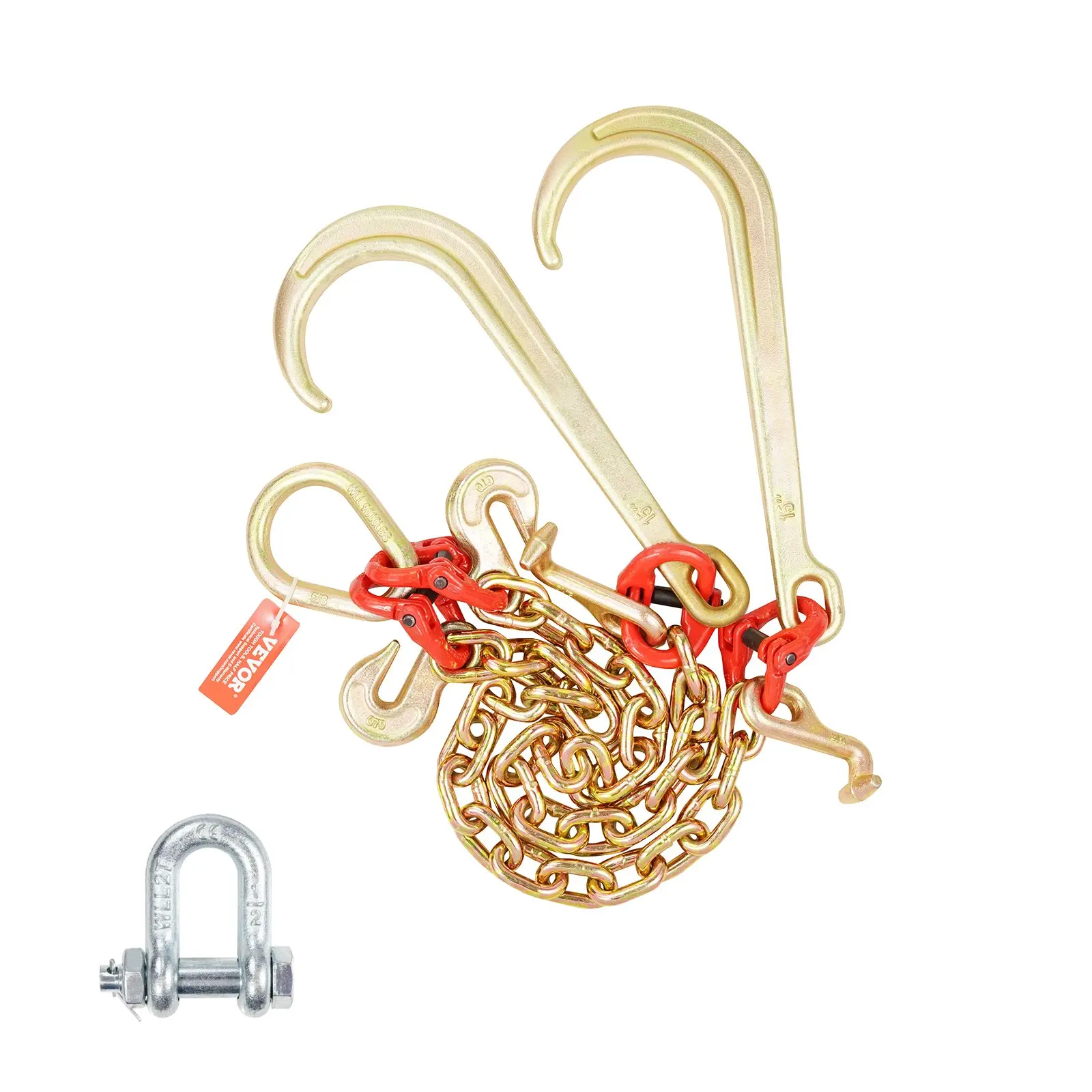 【Summerfinds】VEVOR G80 Tow Chain - 3/8"x2'with J HookV-Chain BridleGrab & T Hook15600lbs Tensile StrengthHigh Security Factor for Heavy ObjectsWrecker Tool, Heavy Chain