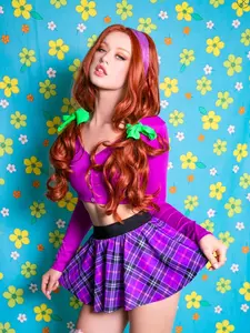 Danger Prone Mystery Girl 2pc Cardigan Set Halloween Costume Purple Plaid Skirt & Metallic Lavender Hair Tie 4-way Stretch Lycra Clothing