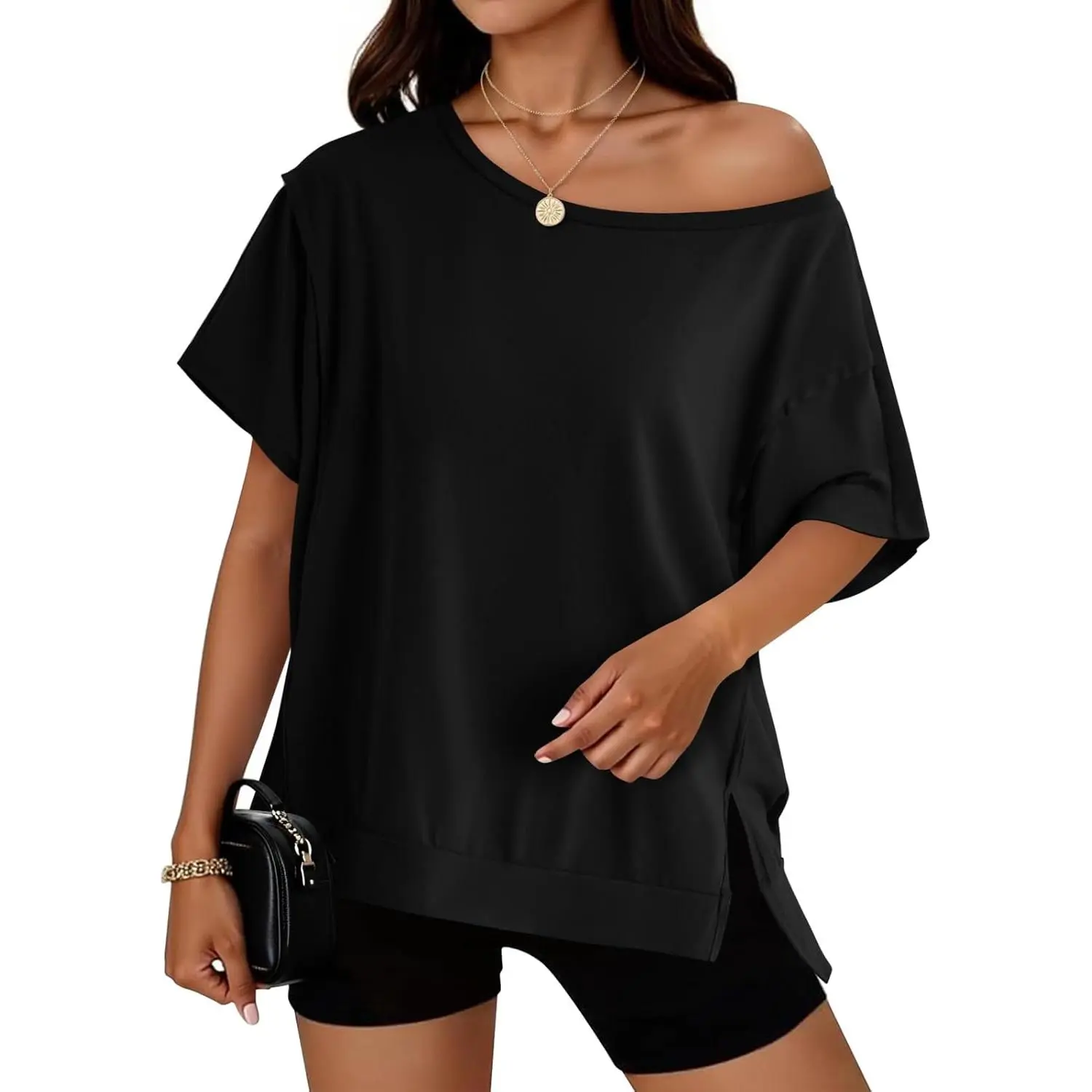 Yousify Womens Oversized T-Shirts Batwing Short Sleeve Slits Hem Tops Summer Casual Loose Fit Beach Vacation Shirts