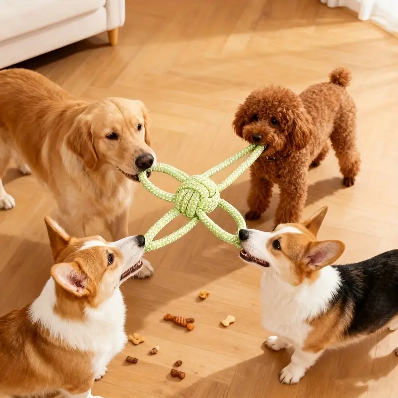 New multi-ear dog knot toy, made of ultra-durable material, allows multiple dogs to interact and play together. Suitable for all-sized dogs, it's a pet toy for tug-of-war, boredom relief, and chewing
