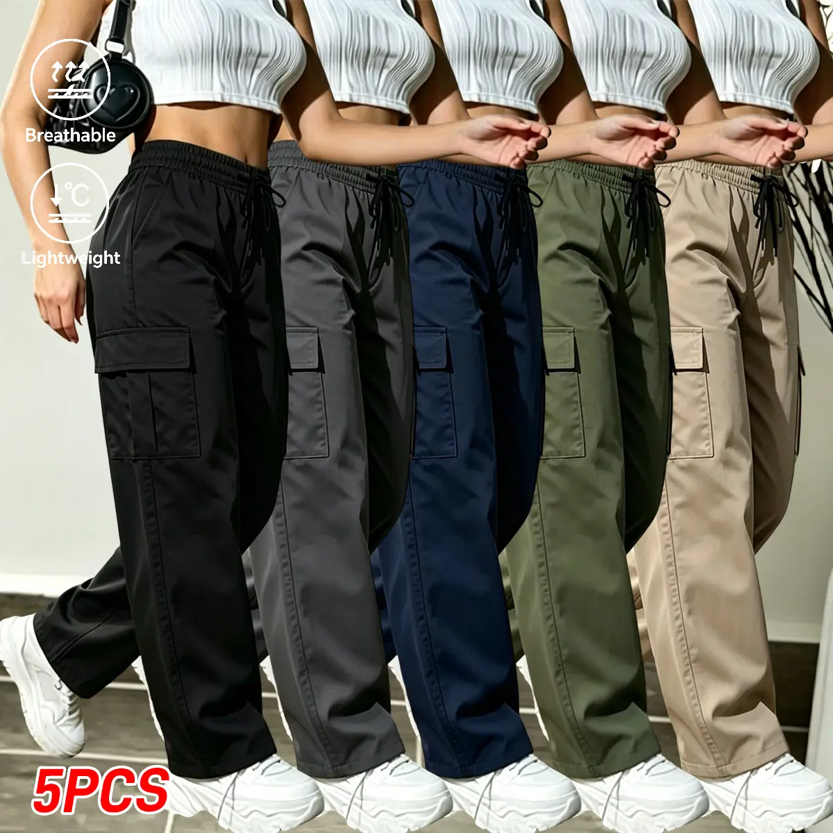 Multi-pack women’s casual cargo pants; cargo sports pants with elastic waistband and drawstring; 3D cargo pockets; multi-pocket tactical pants; all-season design for autumn/winter; straight-leg long work pants