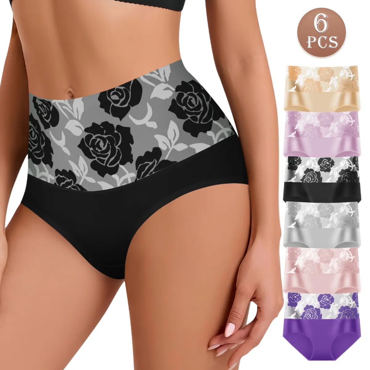 6-Piece High-Waisted Elegant Cotton Tummy Control Women's Panties, Floral Pattern, Soft and Breathable Fabric, Butt-Lifting Panties, High Elasticity and Comfort Womenswear, Sizes S-XXL